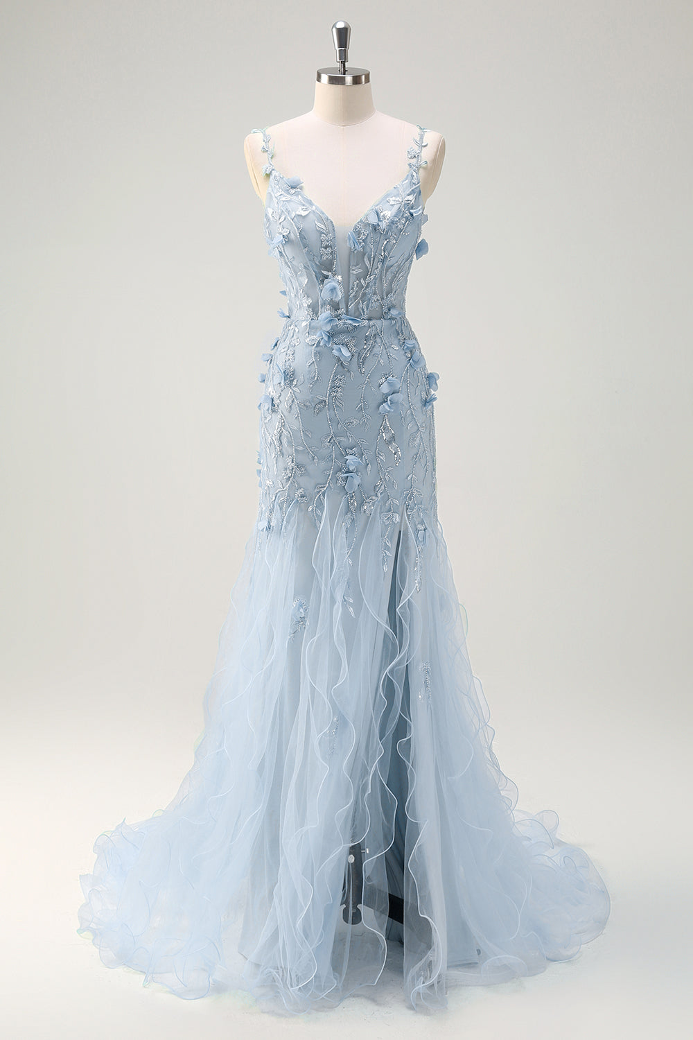 Sirène vert corset spaghetti bretelles longue robe de bal avec fleurs 3D