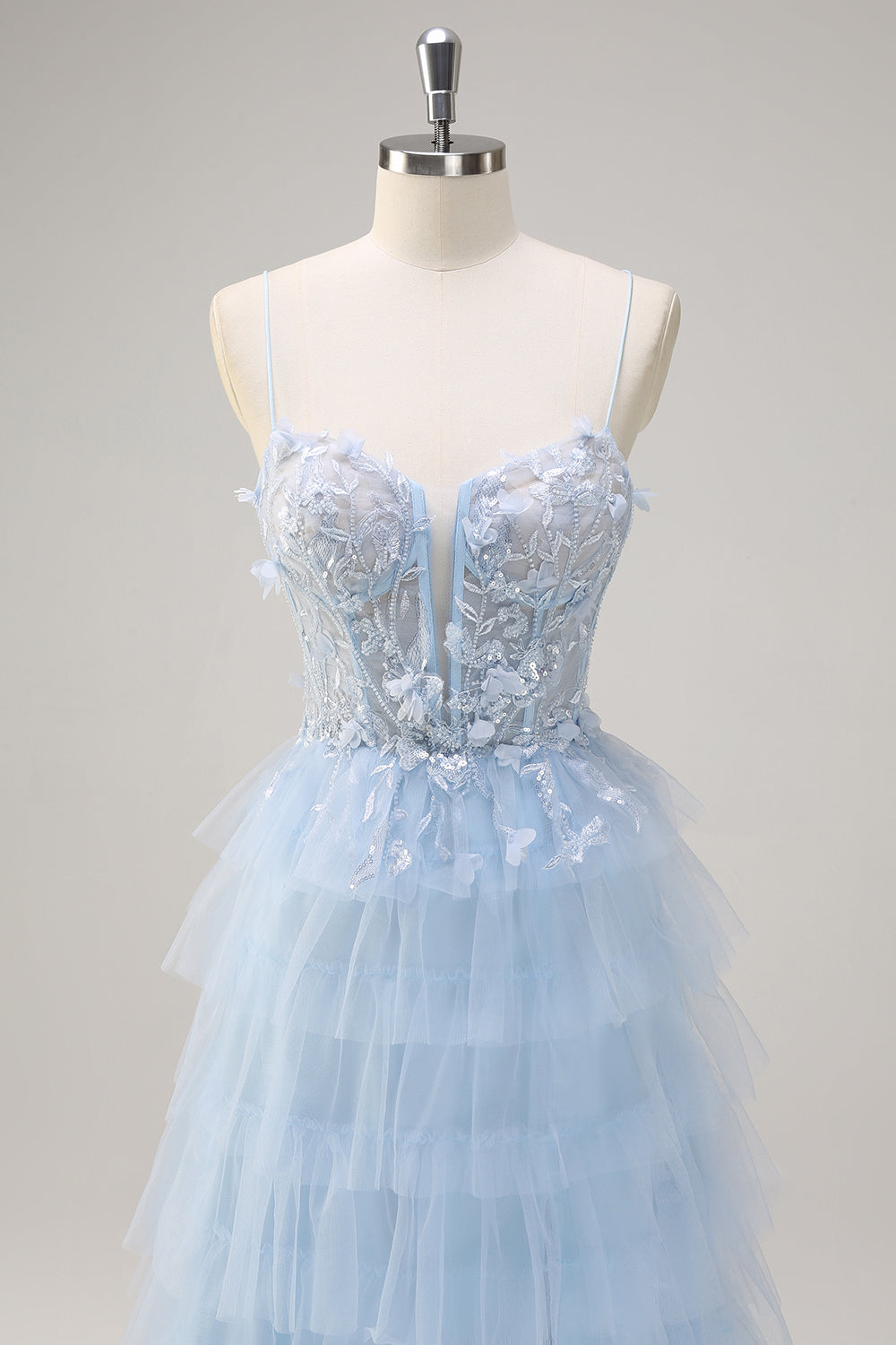 Robe de bal corset longue corset en tulle bleu clair A-traple à plusieurs niveaux avec fente