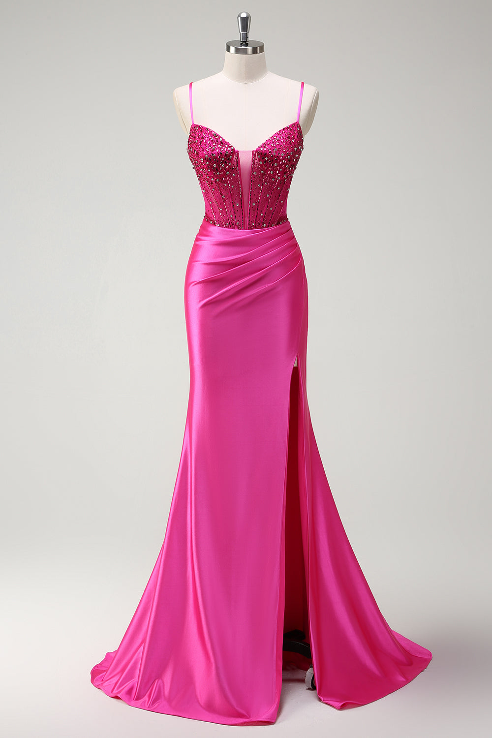 Sirène fuchsia scintillante bretelles spaghetti perlé Corset satin longue Robe de soirée avec fente