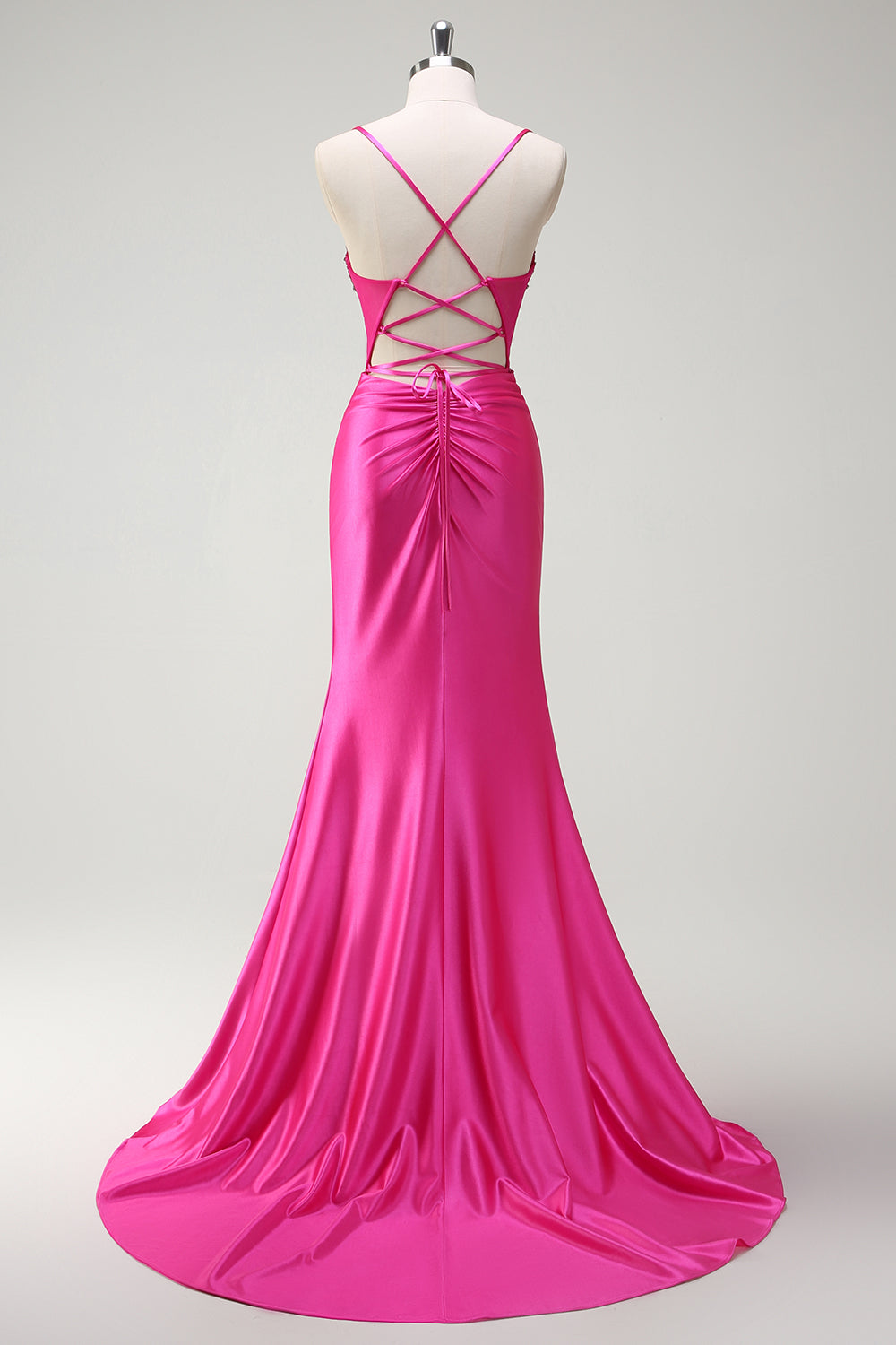 Sirène fuchsia scintillante bretelles spaghetti perlé Corset satin longue Robe de soirée avec fente
