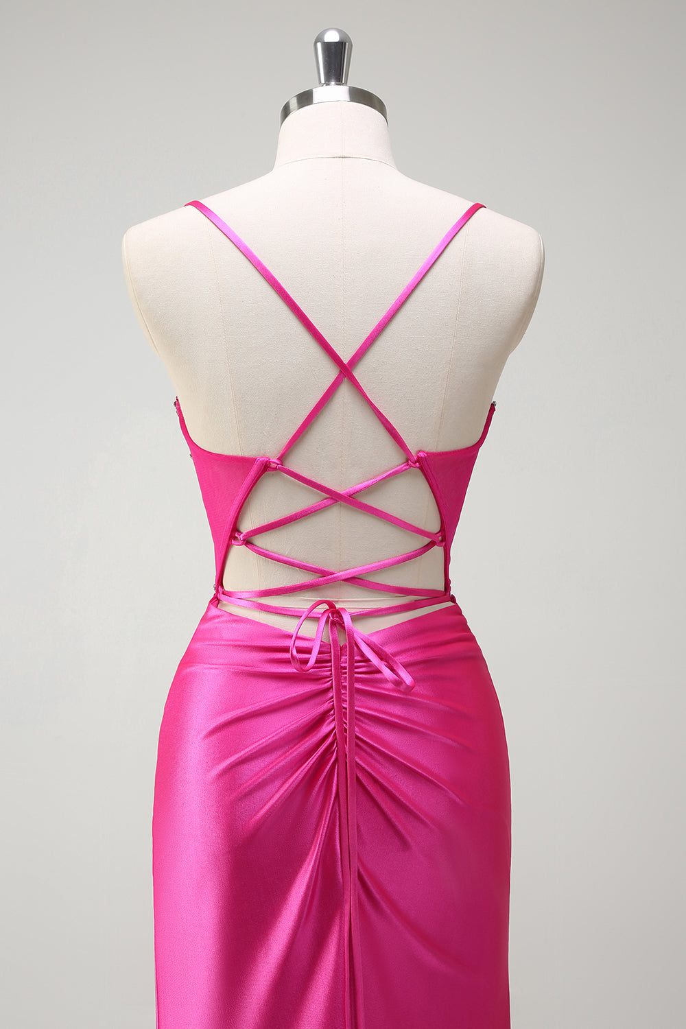 Sirène fuchsia scintillante bretelles spaghetti perlé Corset satin longue Robe de soirée avec fente