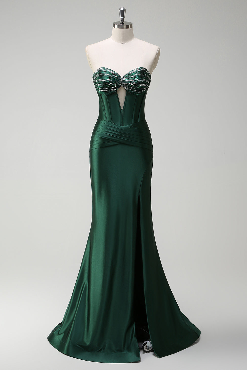 Robe de soirée longue en satin corset perlé vert foncé scintillant avec fente