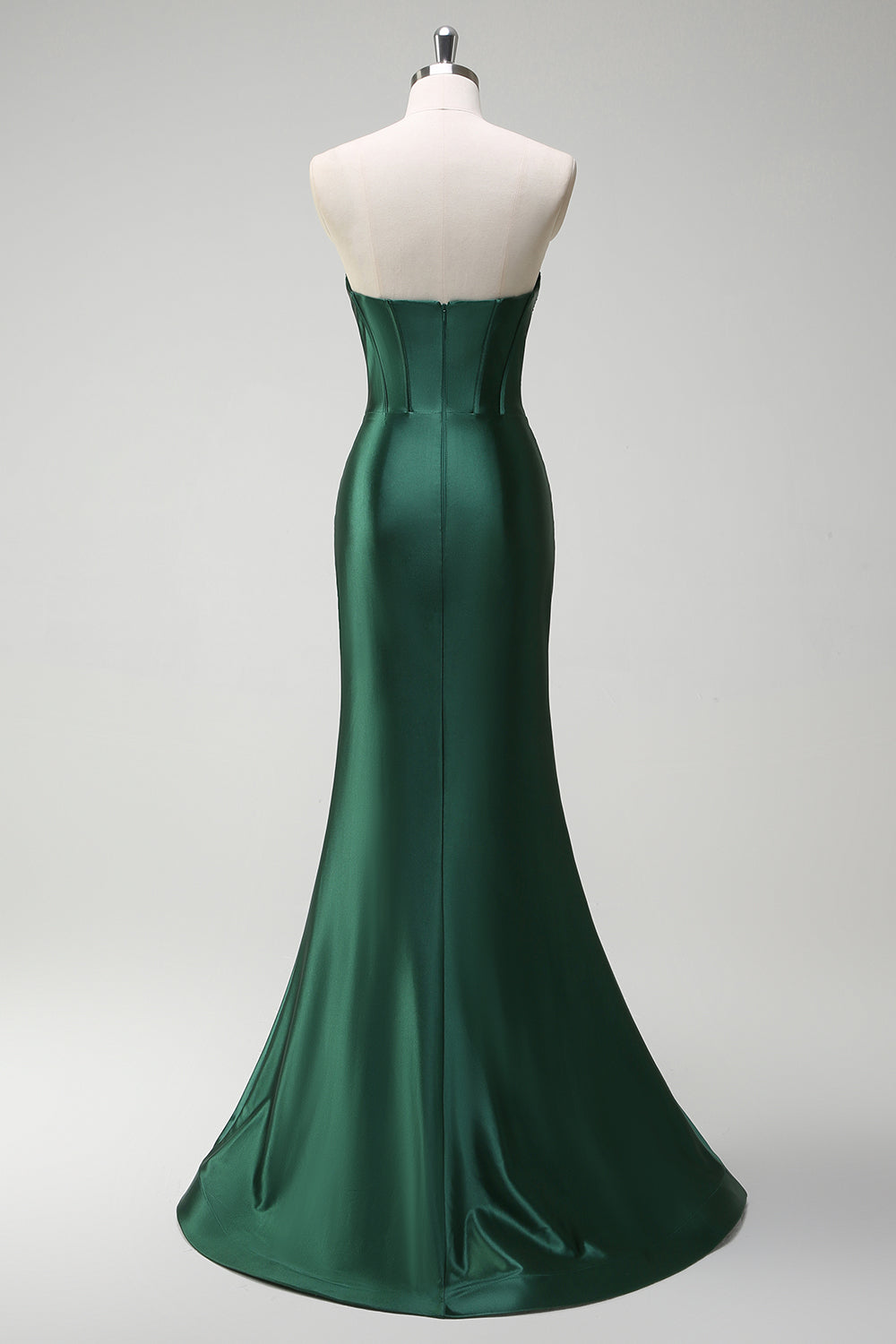 Robe de soirée longue en satin corset perlé vert foncé scintillant avec fente