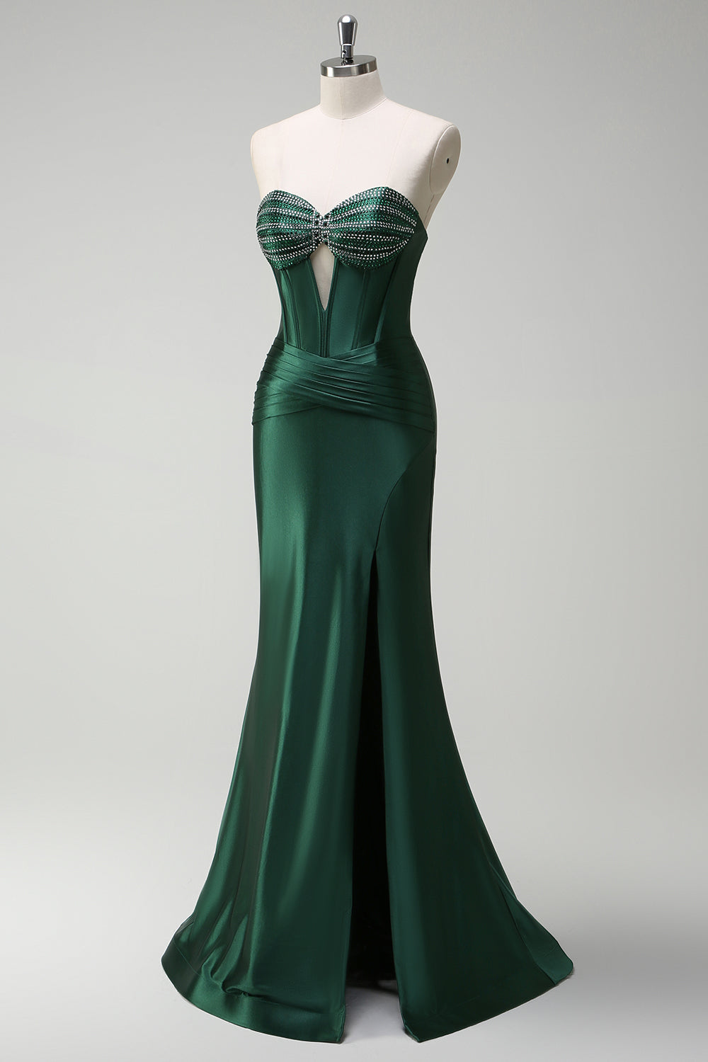 Robe de soirée longue en satin corset perlé vert foncé scintillant avec fente