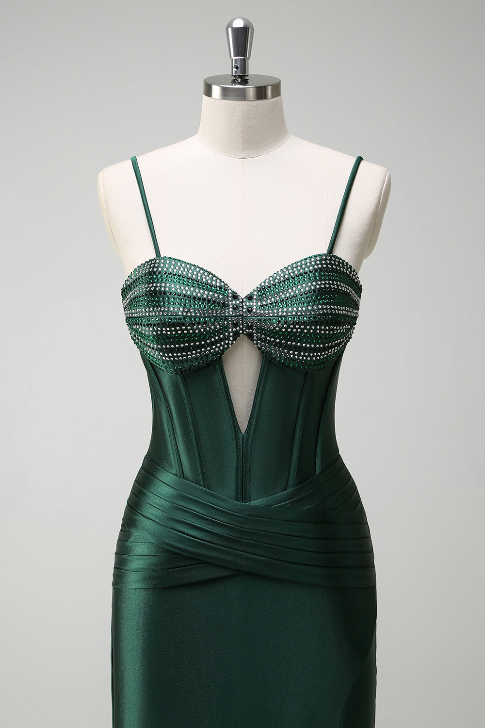 Robe de soirée longue en satin corset perlé vert foncé scintillant avec fente