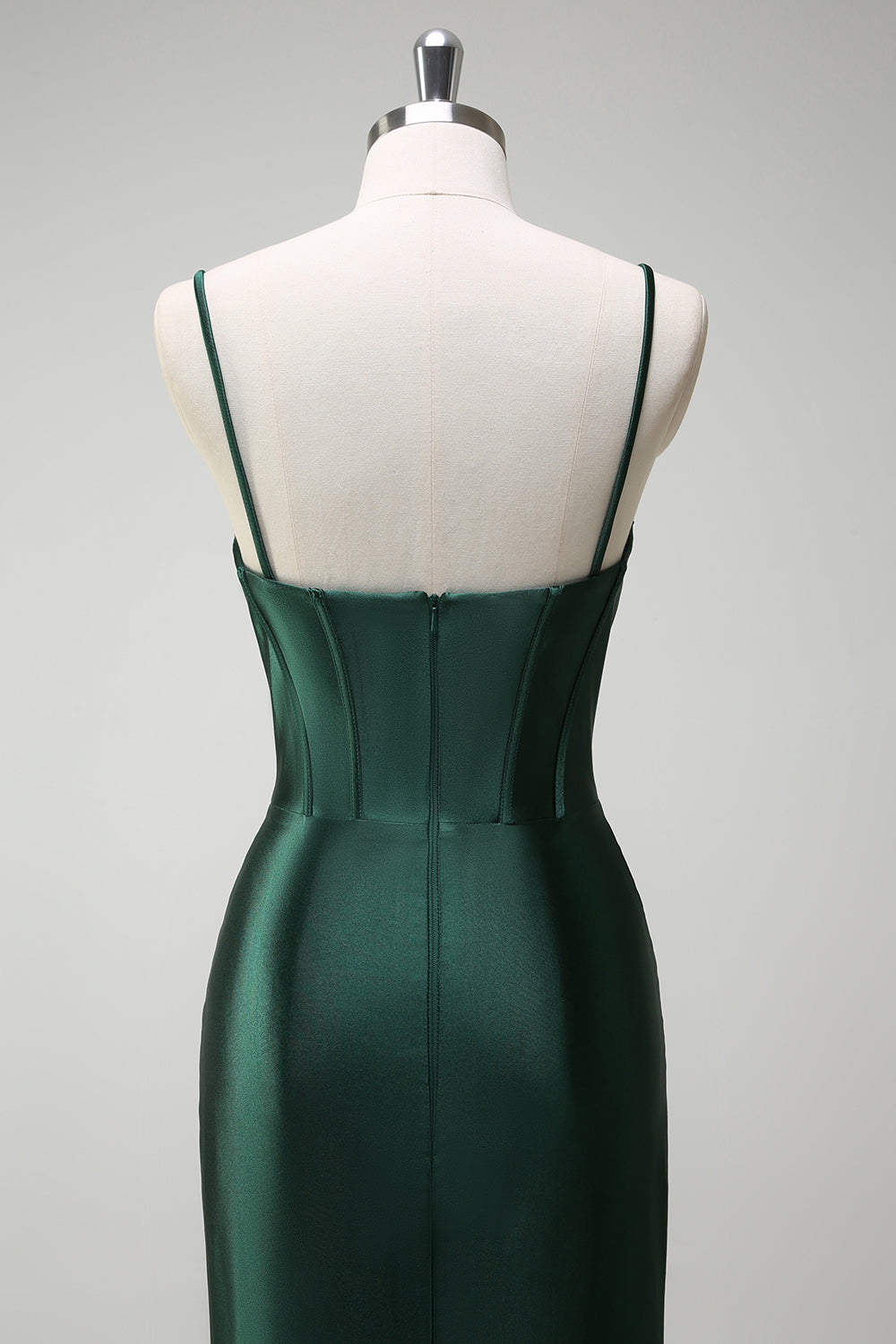 Robe de soirée longue en satin corset perlé vert foncé scintillant avec fente
