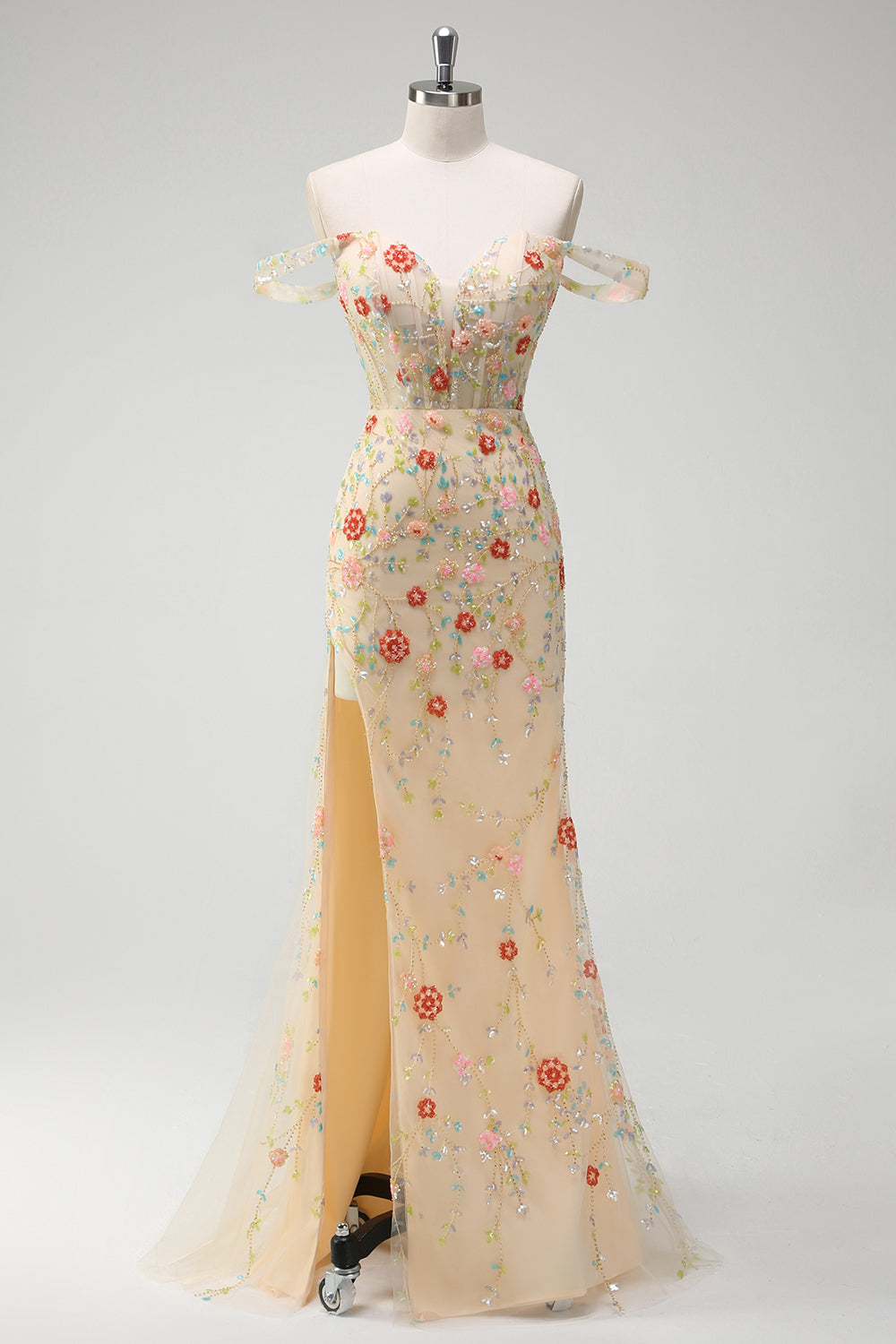 Sirène champagne scintillante à épaules dénudées Corset floral longue Robe de soirée avec fente