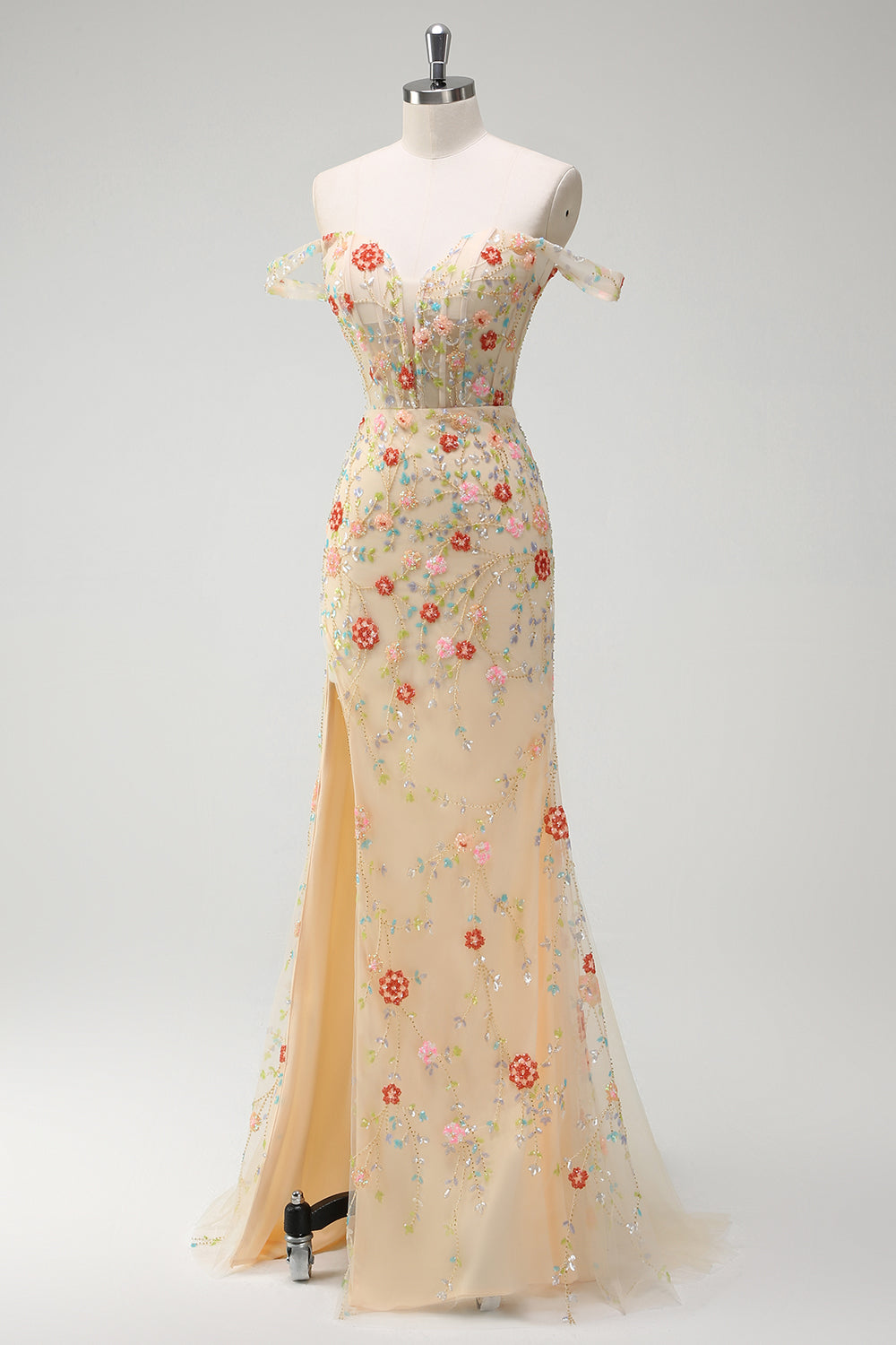 Sirène champagne scintillante à épaules dénudées Corset floral longue Robe de soirée avec fente