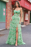 Vert Floral Une Ligne Sans Bretelles Volants Robe Longue de Bal Avec Fente