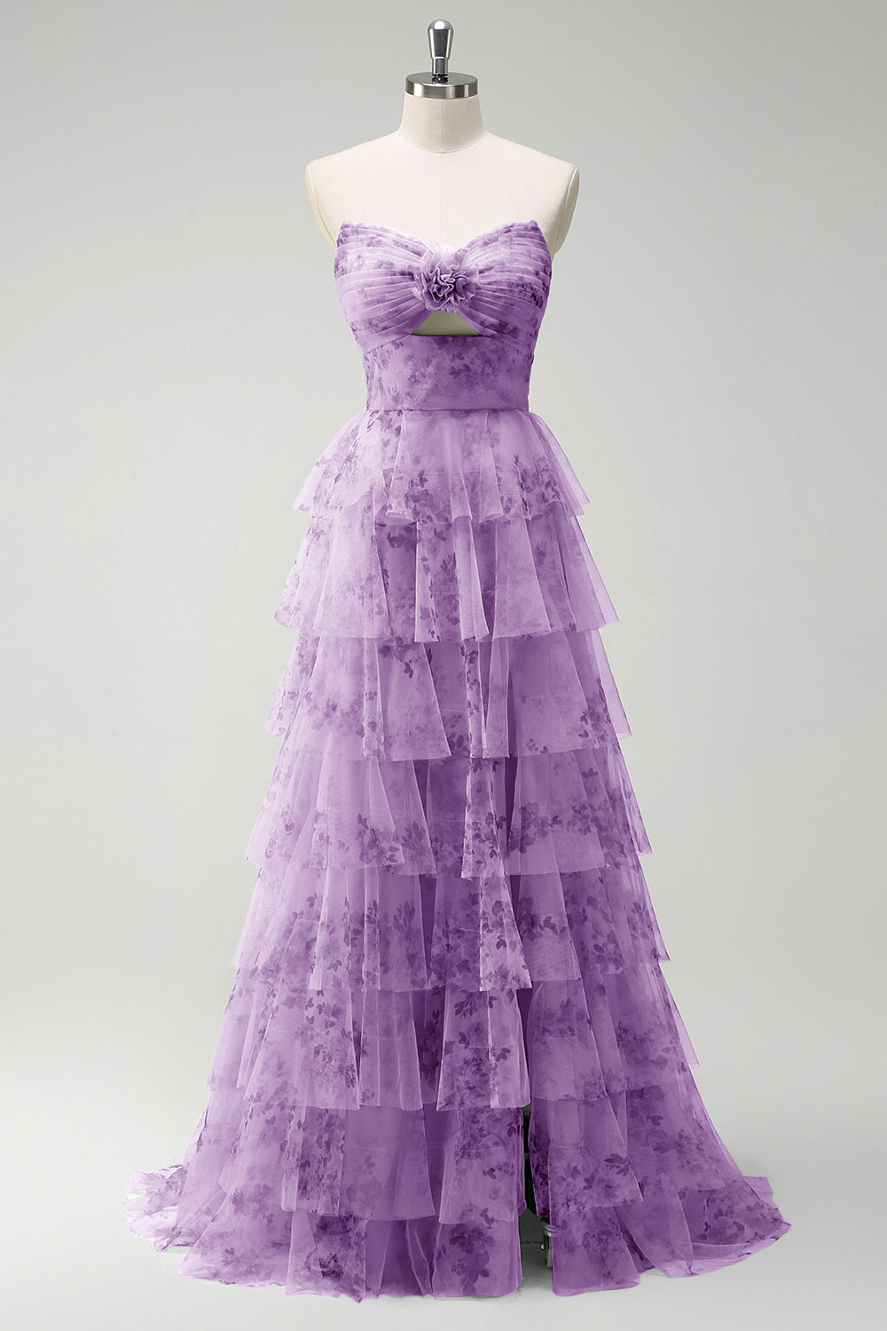 Vert Floral Une Ligne Sans Bretelles Volants Robe Longue de Bal Avec Fente