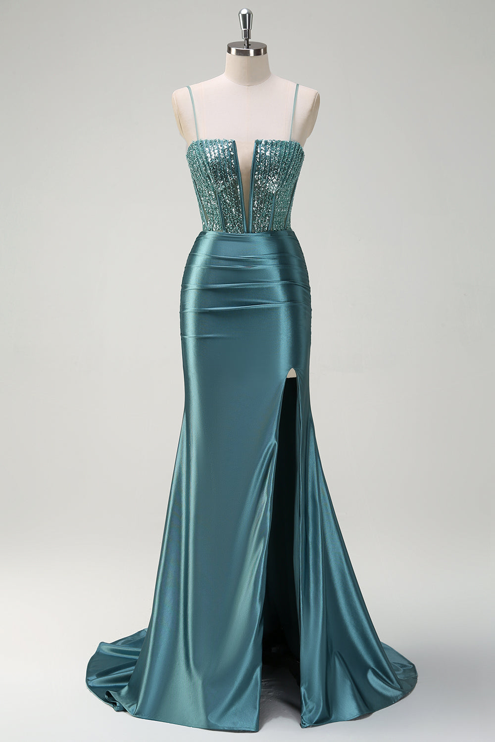 Robe de bal longue perlée scintillante Vert poussiéreux sirène sirène avec fente