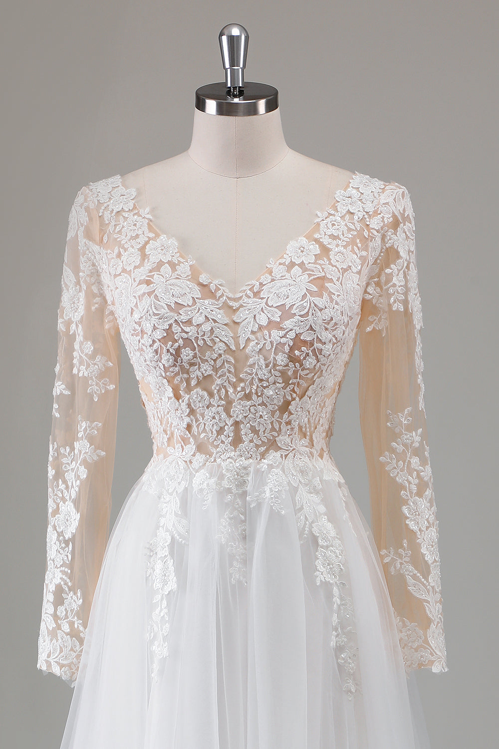Robe de mariée ivoire à manches longues à col en V appliquée avec fente