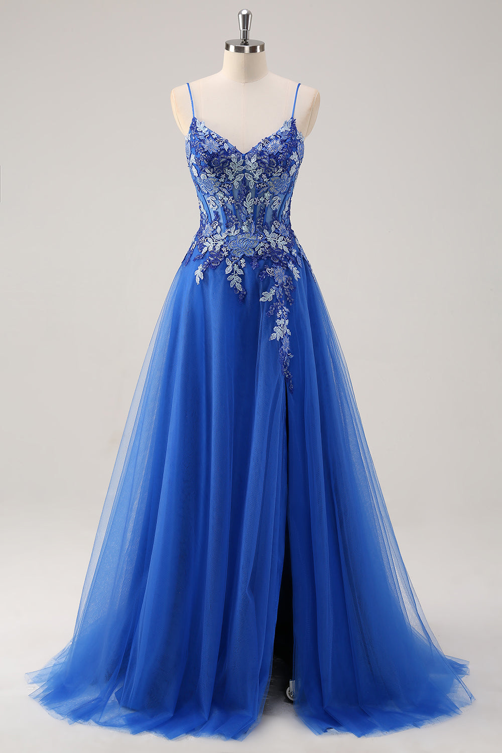 Tulle Bleu Royal A-ligne Spaghetti Bretelles Corset Robe De Soirée Longue avec Fente