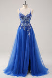 Tulle Bleu Royal A-ligne Spaghetti Bretelles Corset Robe De Soirée Longue avec Fente