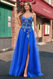 Tulle Bleu Royal A-ligne Spaghetti Bretelles Corset Robe De Soirée Longue avec Fente