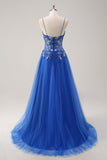 Tulle Bleu Royal A-ligne Spaghetti Bretelles Corset Robe De Soirée Longue avec Fente