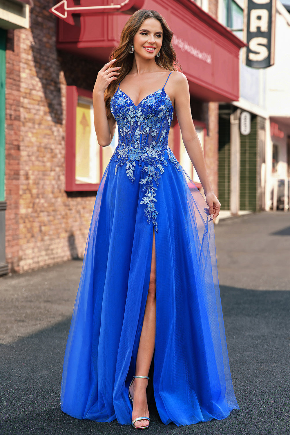 Tulle Bleu Royal A-ligne Spaghetti Bretelles Corset Robe De Soirée Longue avec Fente