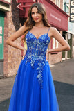 Tulle Bleu Royal A-ligne Spaghetti Bretelles Corset Robe De Soirée Longue avec Fente