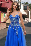 Tulle Bleu Royal A-ligne Spaghetti Bretelles Corset Robe De Soirée Longue avec Fente