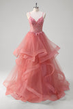 Corail A Ligne Spaghetti Bretelles Corset Robe de Bal Longue Étagée Avec Appliques