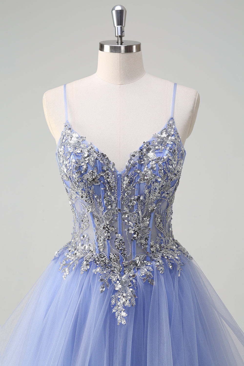 Paillettes scintillantes Bleu clair A Ligne spaghetti bretelles Robe longue de bal avec volants en spirale