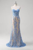 Robe longue de bal longue à bretelles spaghetti corset sirène bleue à paillettes