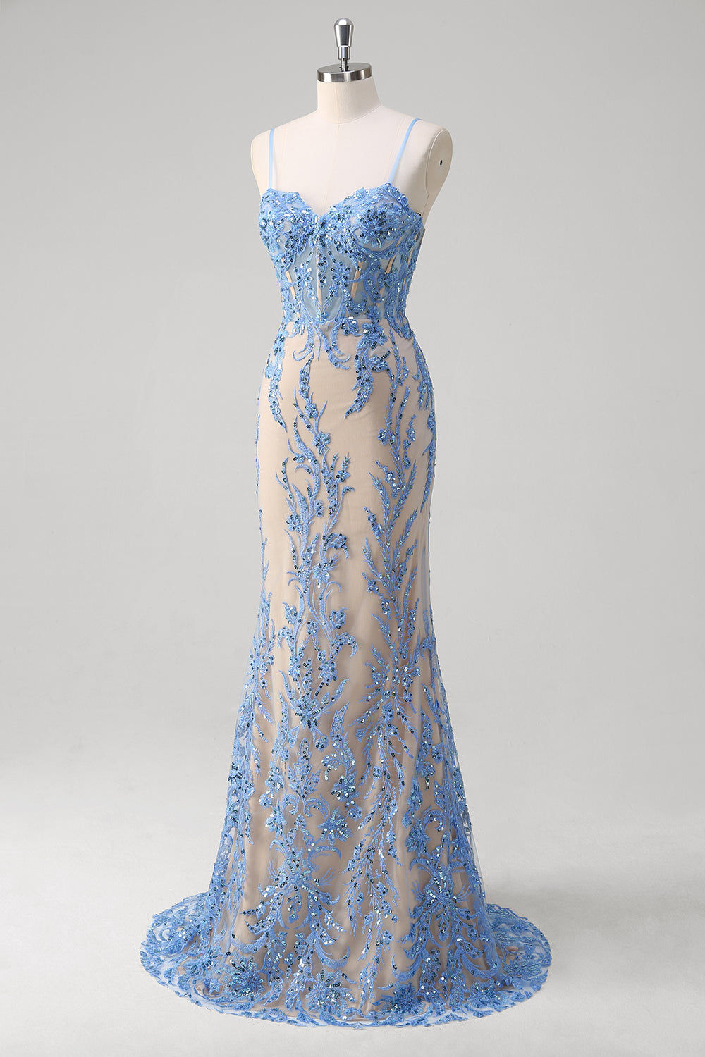 Robe longue de bal longue à bretelles spaghetti corset sirène bleue à paillettes