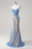 Robe longue de bal longue à bretelles spaghetti corset sirène bleue à paillettes