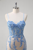 Robe longue de bal longue à bretelles spaghetti corset sirène bleue à paillettes