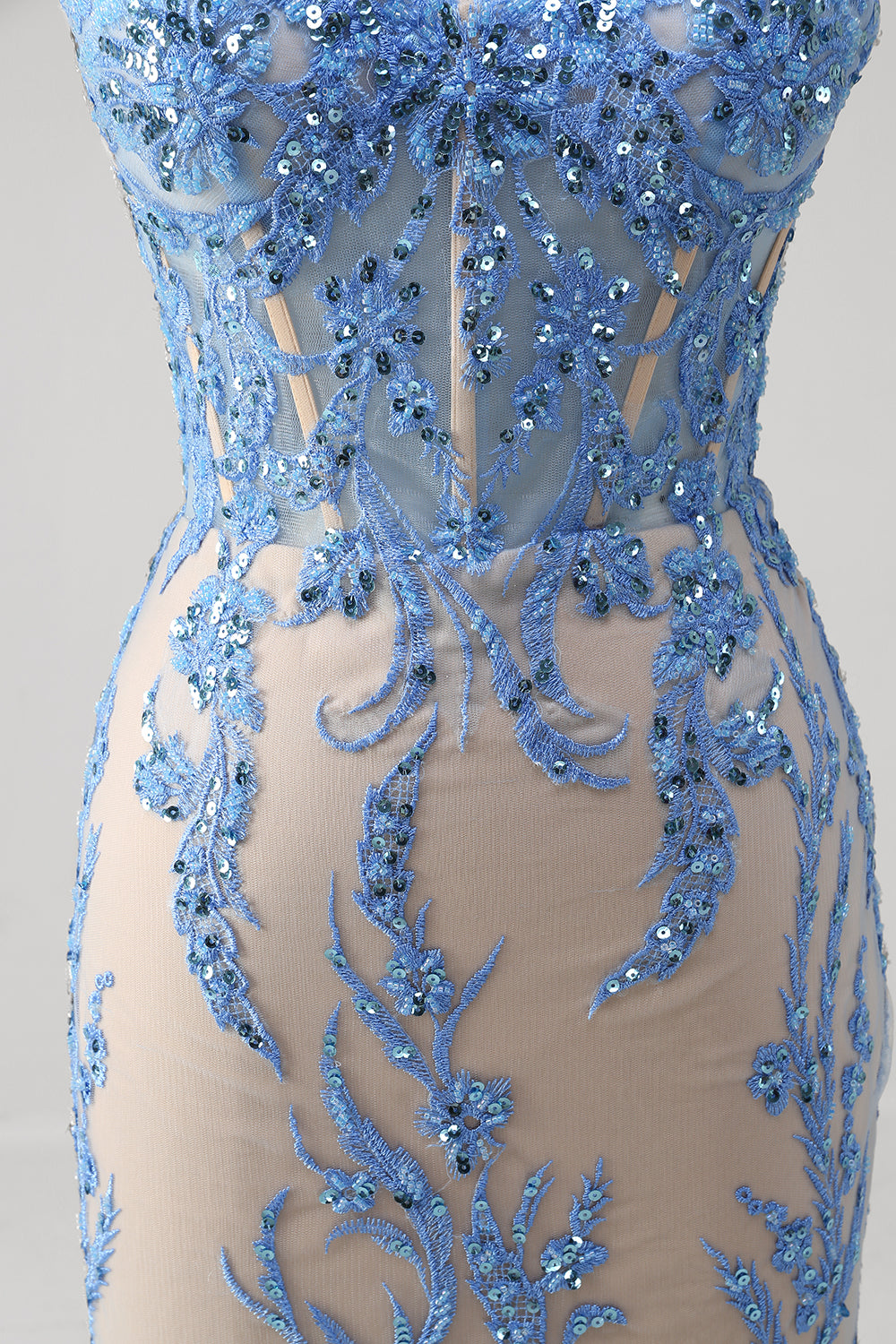 Robe longue de bal longue à bretelles spaghetti corset sirène bleue à paillettes