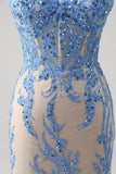 Robe longue de bal longue à bretelles spaghetti corset sirène bleue à paillettes