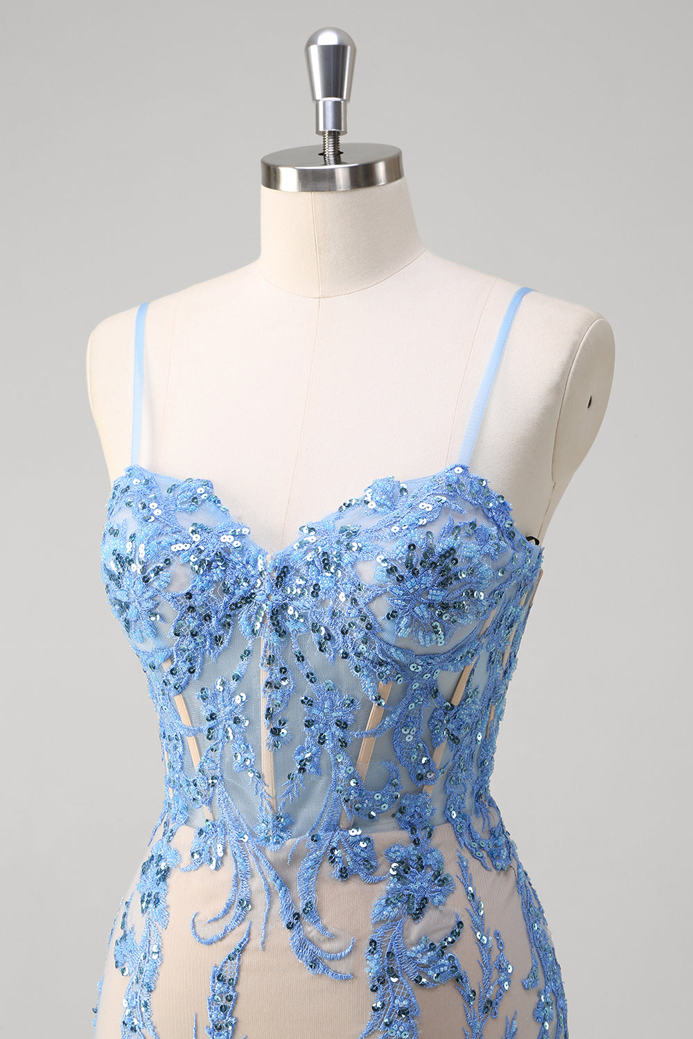 Robe longue de bal longue à bretelles spaghetti corset sirène bleue à paillettes