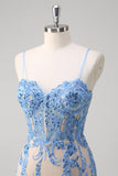 Robe longue de bal longue à bretelles spaghetti corset sirène bleue à paillettes