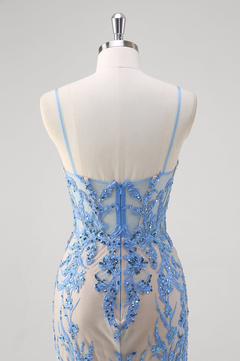 Robe longue de bal longue à bretelles spaghetti corset sirène bleue à paillettes