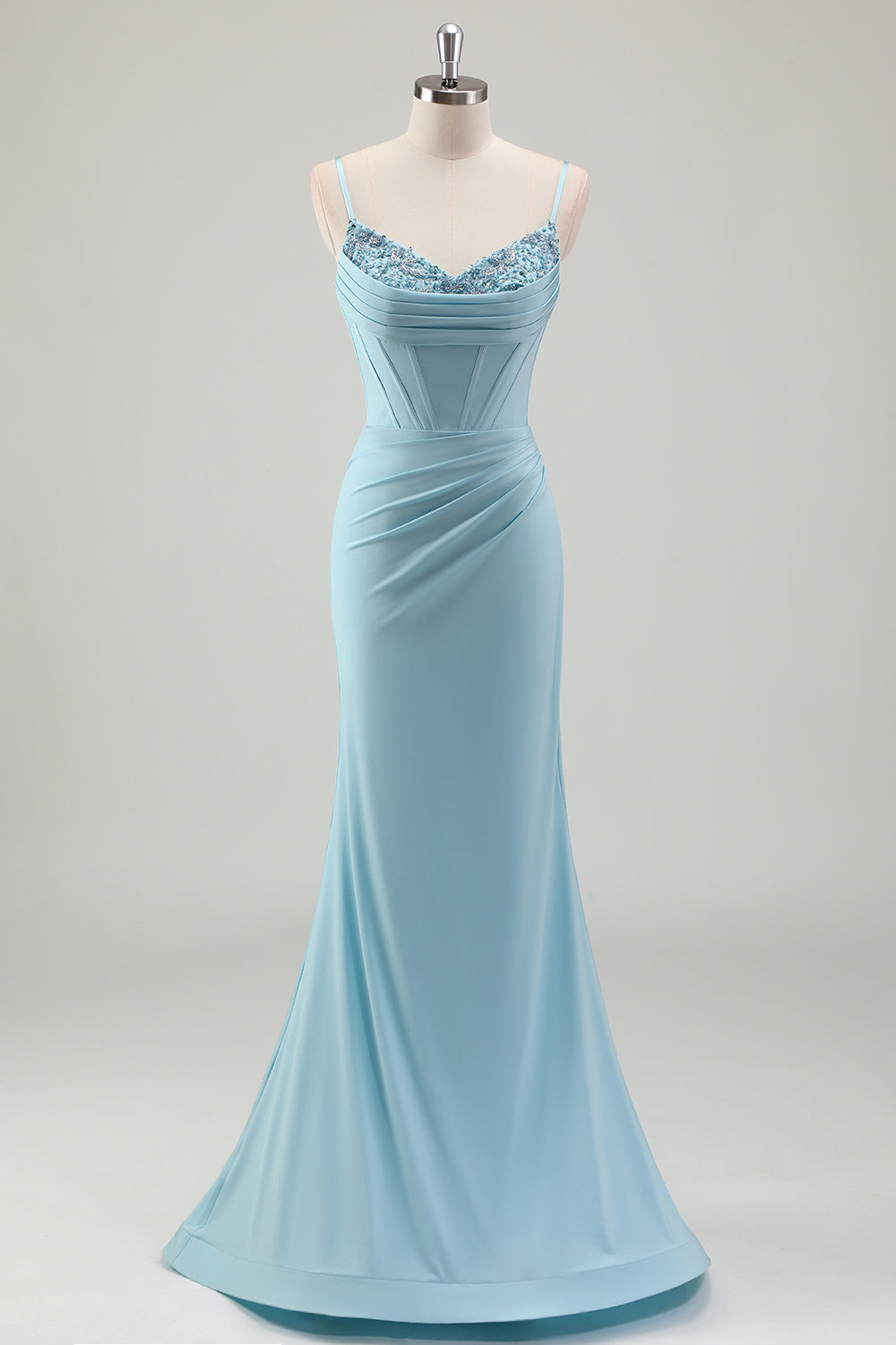 Sirène bleue spaghetti bretelles satin long corset robe de bal avec perles