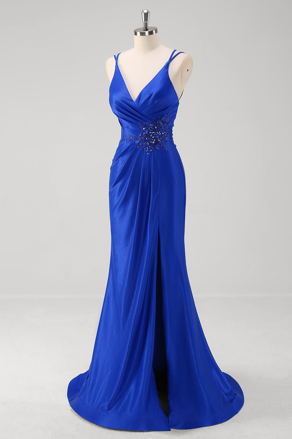 Robe longue de bal longue à bretelles spaghetti sirène bleu royal scintillante avec fente