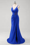 Robe longue de bal longue à bretelles spaghetti sirène bleu royal scintillante avec fente