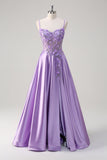 Robe de soirée longue violette à bretelles spaghetti et fente