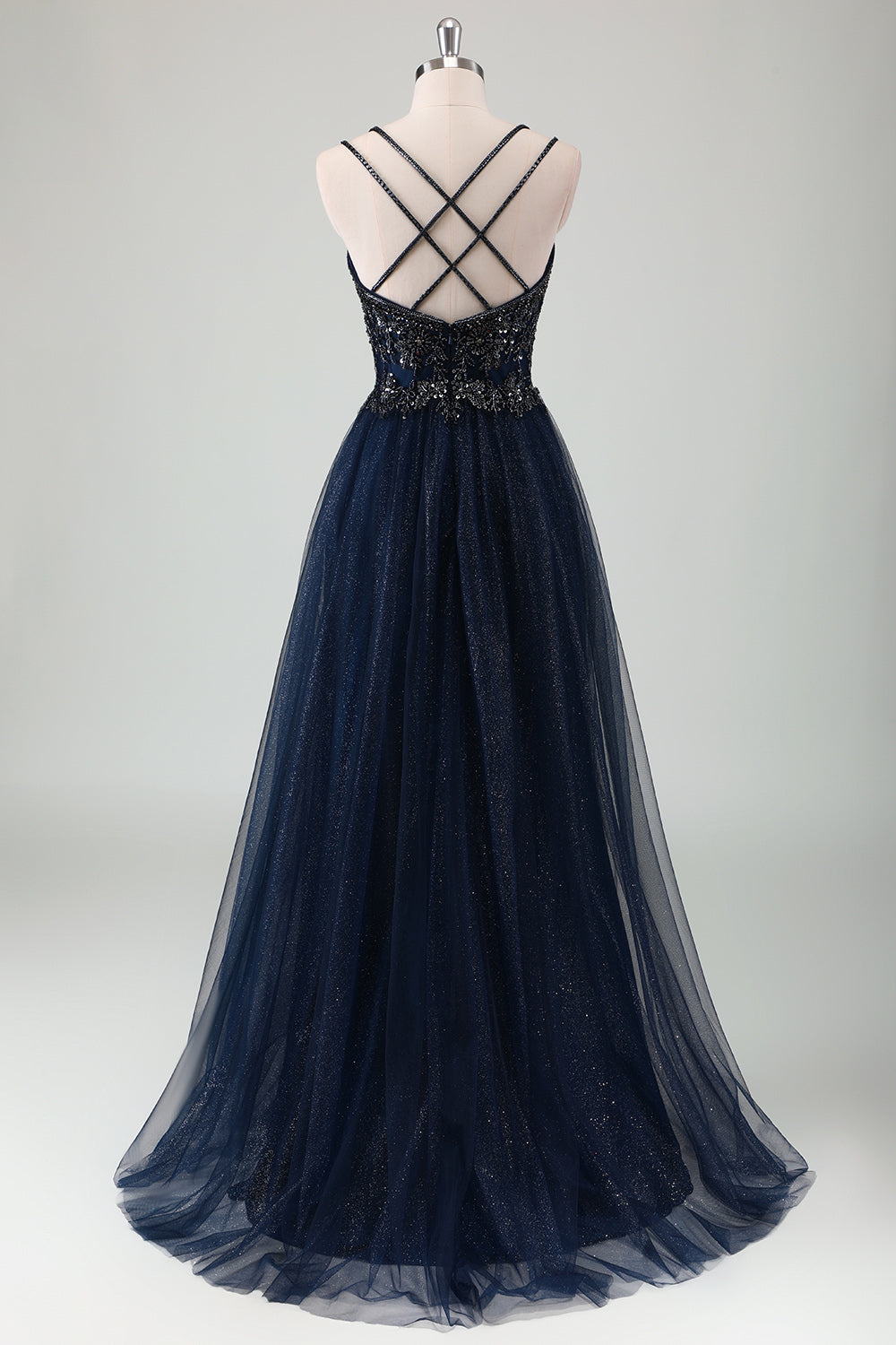 Robe de bal longue à bretelles spaghetti bleu marine scintillante avec paillettes