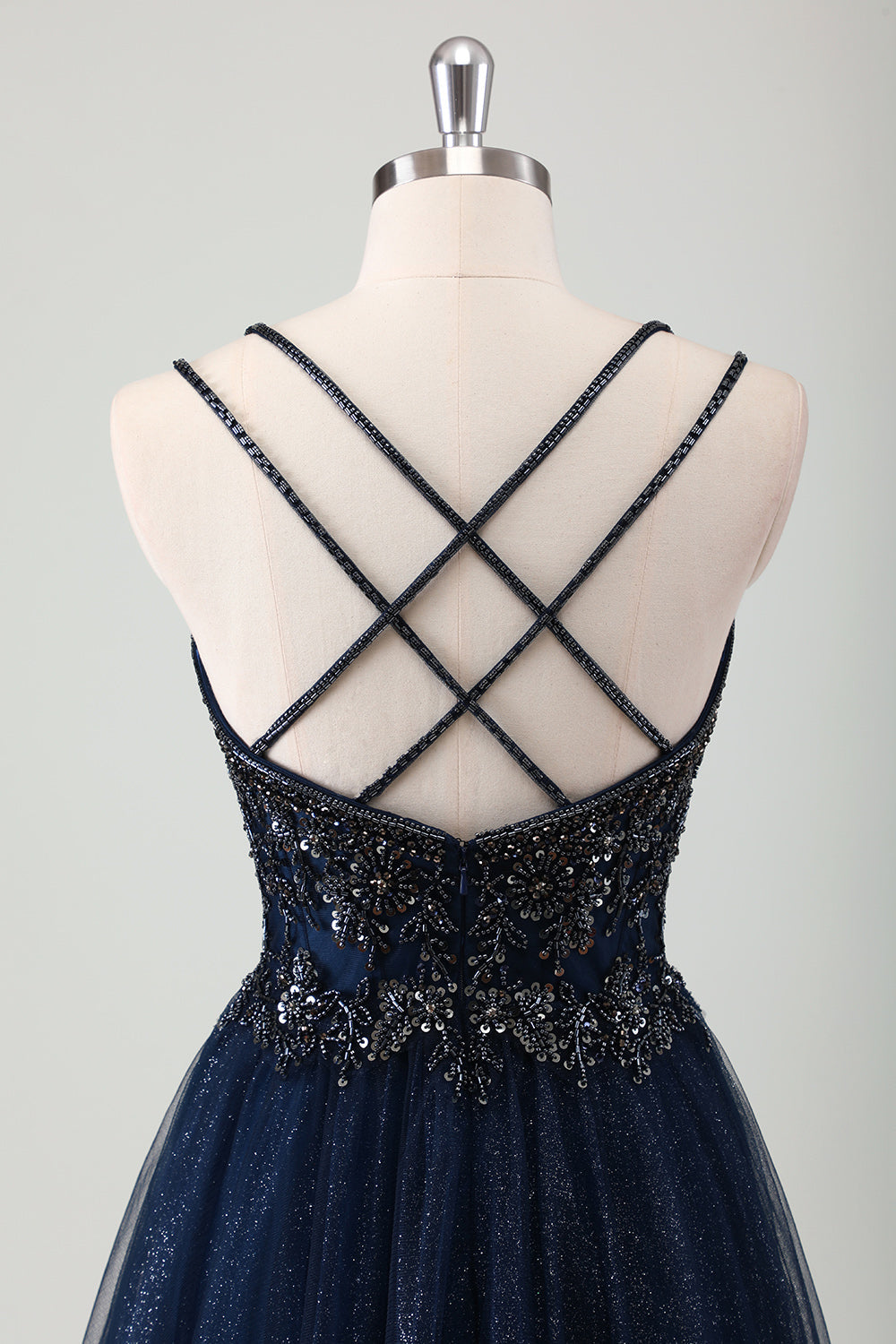 Robe de bal longue à bretelles spaghetti bleu marine scintillante avec paillettes