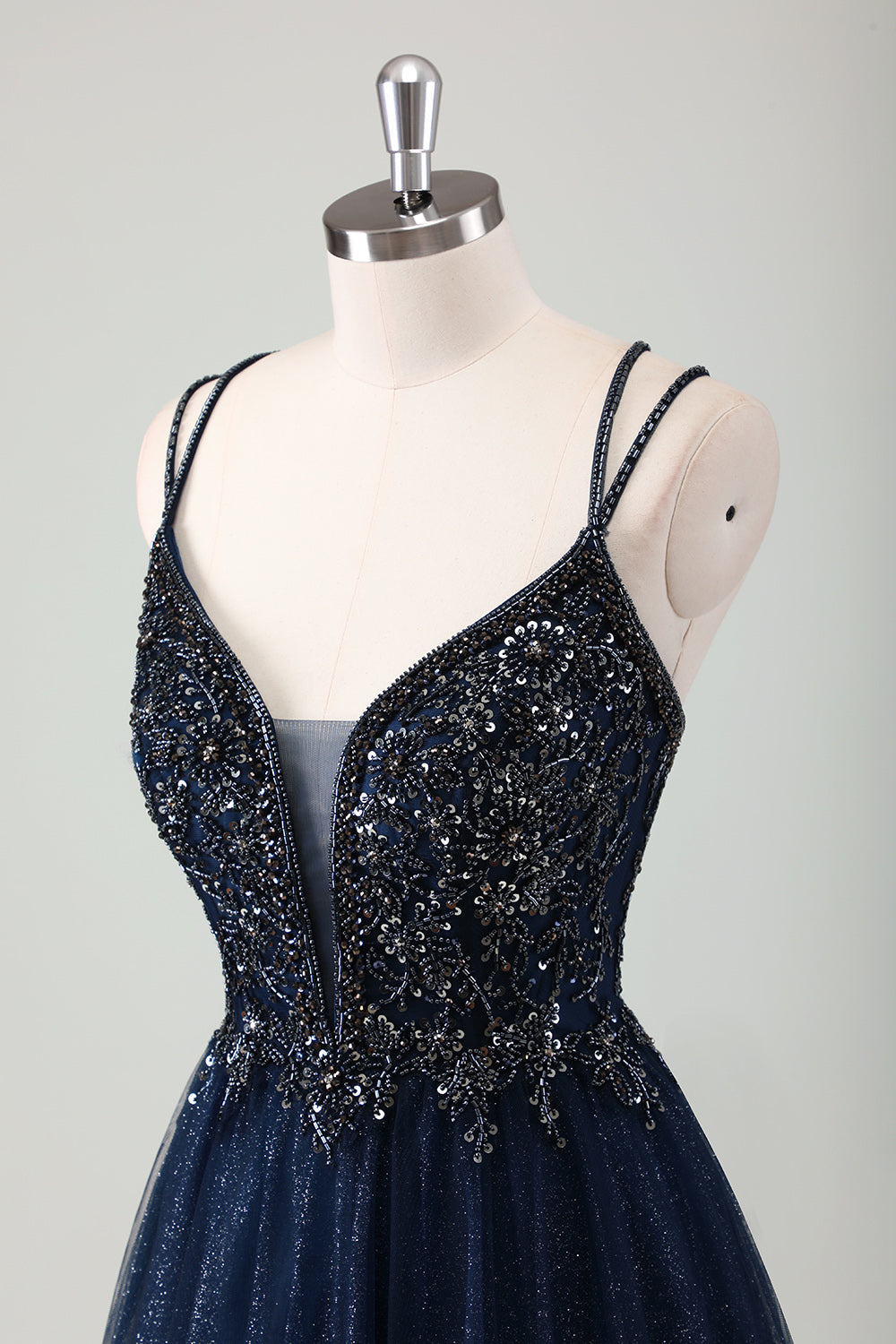 Robe de bal longue à bretelles spaghetti bleu marine scintillante avec paillettes