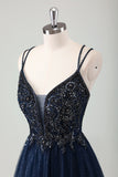 Robe de bal longue à bretelles spaghetti bleu marine scintillante avec paillettes