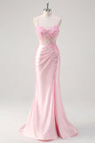 Robe de soirée florale corset sirène rose avec fente