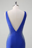 Robe de bal longue en satin perlé bleu royal scintillant sirène à col en V