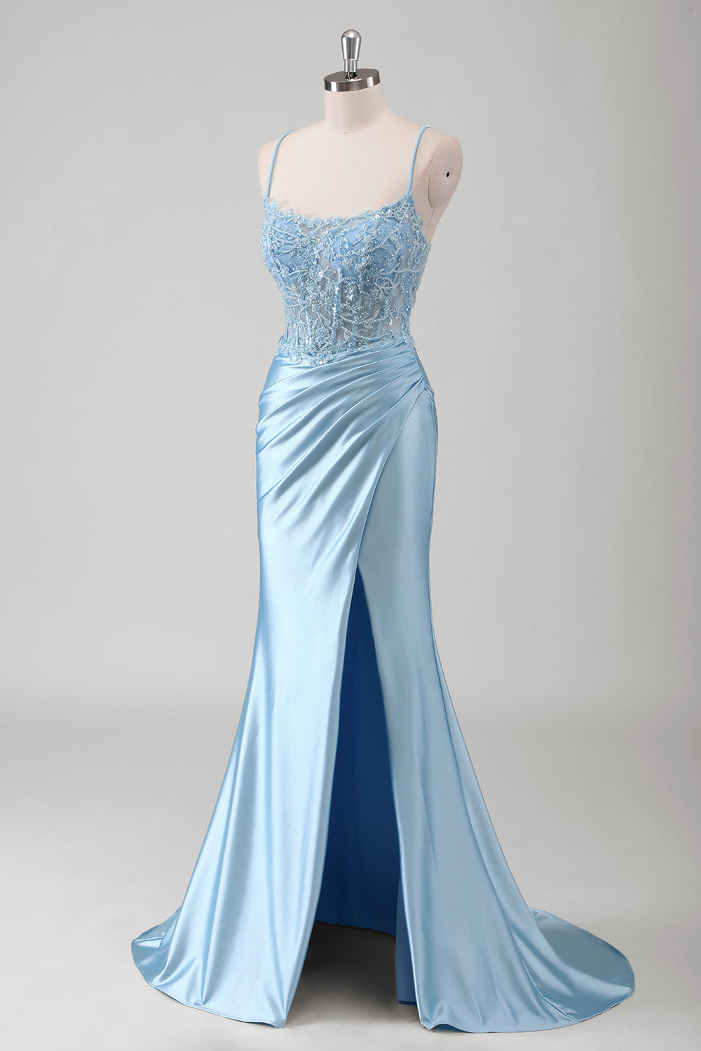Robe de bal longue appliquée corset sirène bleue corset spaghetti