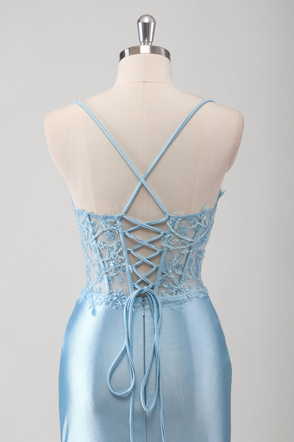 Robe de bal longue appliquée corset sirène bleue corset spaghetti