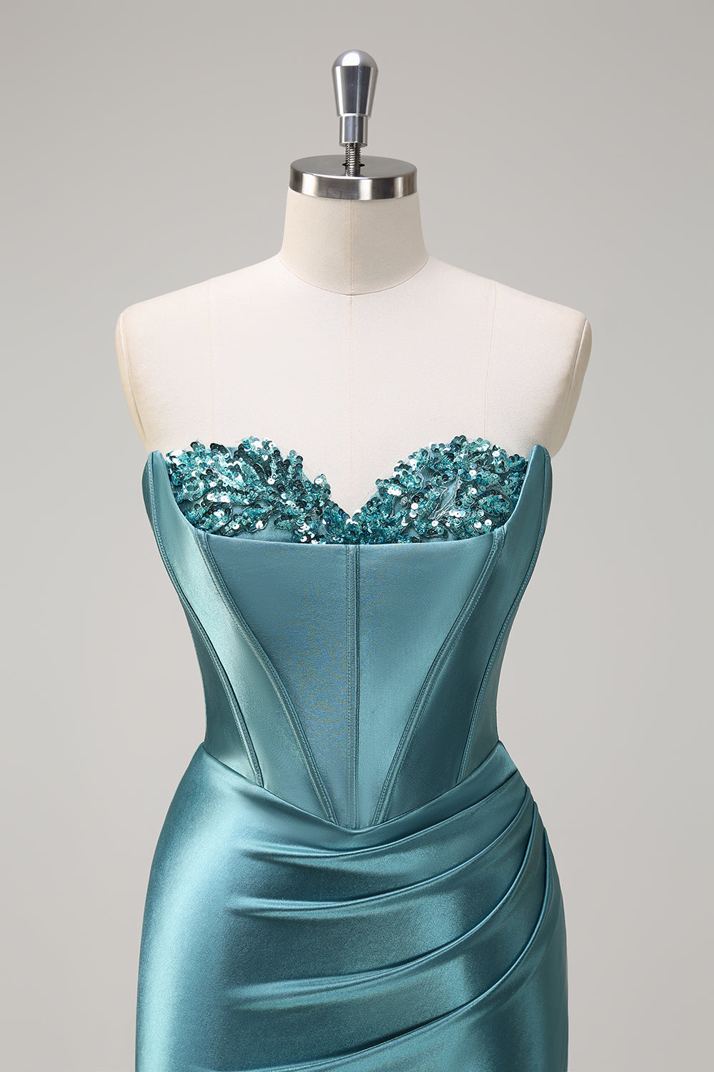 Bleu royal Sirène sans bretelles Corset Sequin Ruched Robe longue de bal avec fente