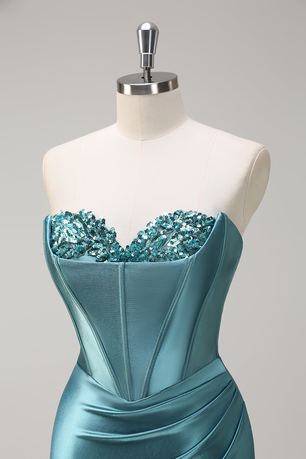 Bleu royal Sirène sans bretelles Corset Sequin Ruched Robe longue de bal avec fente