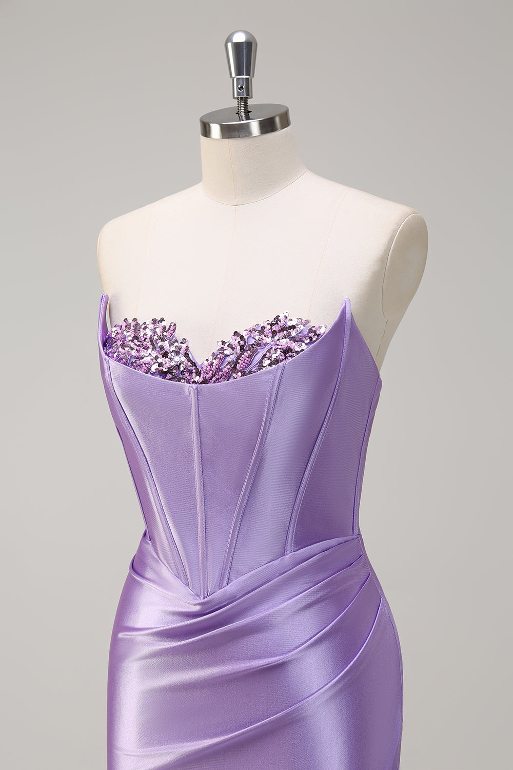 Sirène lilas scintillante sans bretelles corset sequin satin longue robe de Soirée avec fente