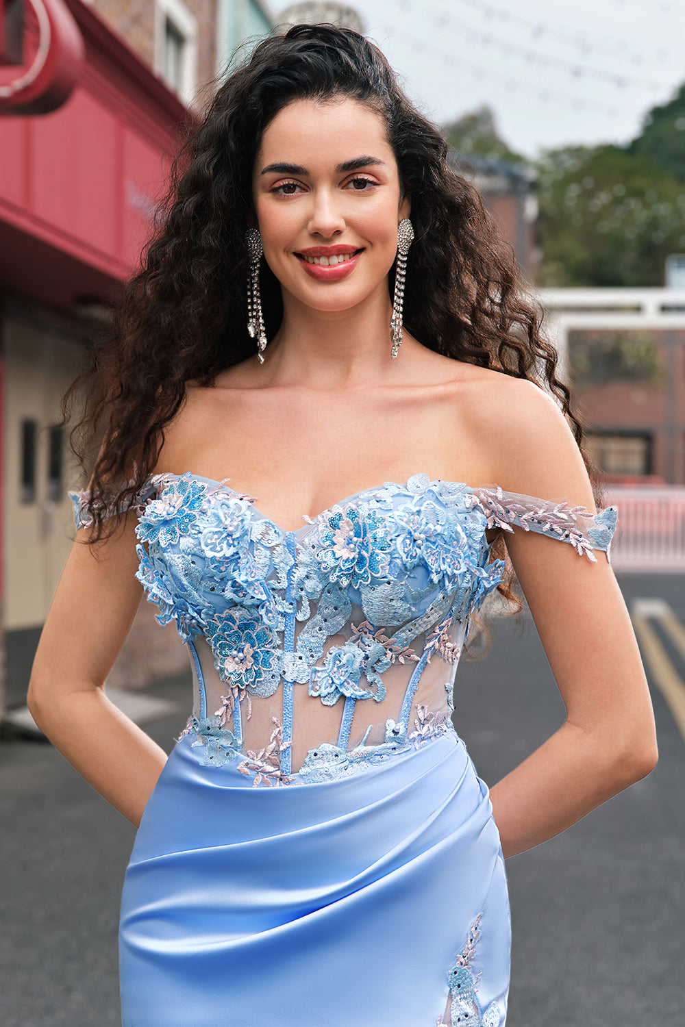 Sirène bleu ciel épaule dénudée Corset longue Robe De Soirée avec fente